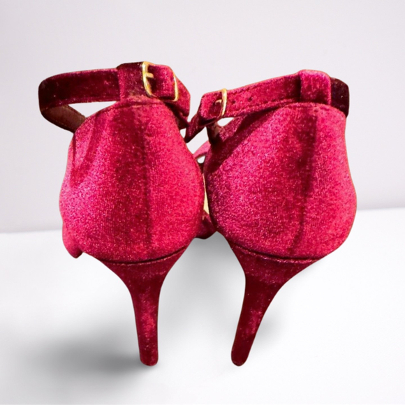 JustFab Maroon Velvet Ankle Strap Heels | Size 7 - Picture 2 of 4
